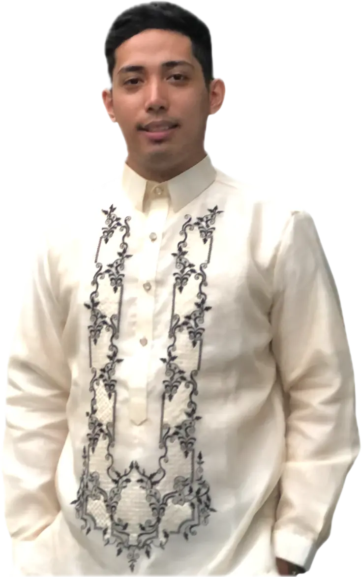 Edward Sargie Ramos Tinio wearing a traditional embroidered barong